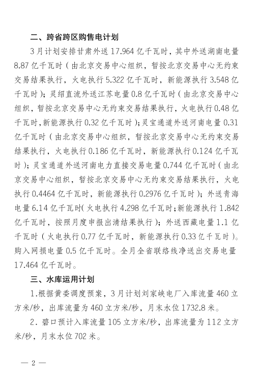  2018年3月甘肅電網(wǎng)電量交易計(jì)劃：外送17.964億千瓦時(shí)