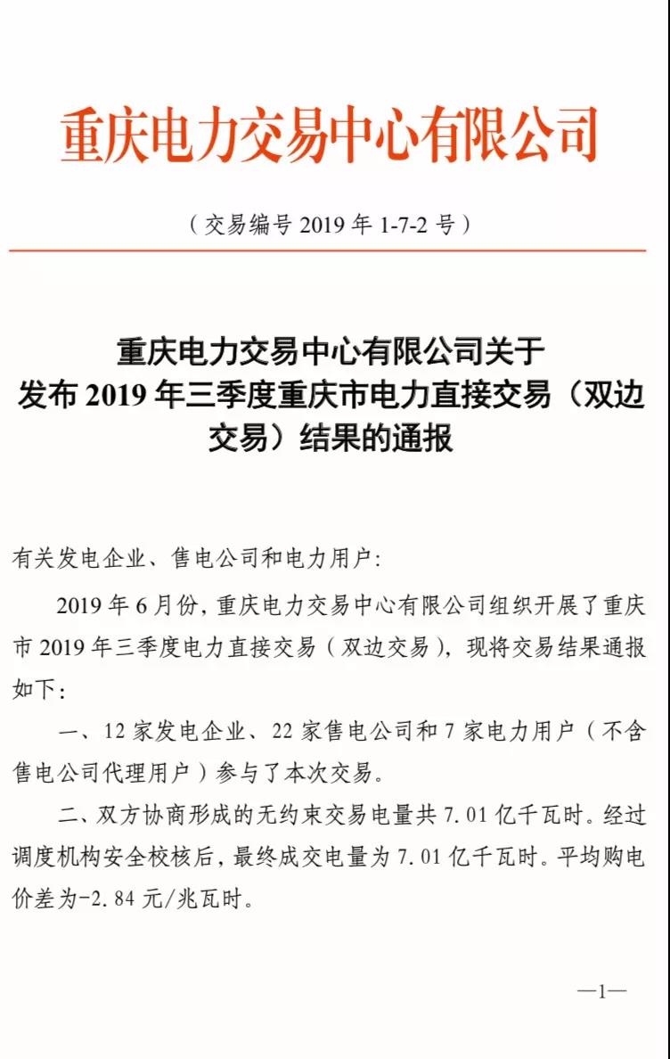2019年三季度重慶市電力直接交易(雙邊交易)結(jié)果:平均購電價(jià)差-2.84元/兆瓦時(shí)
